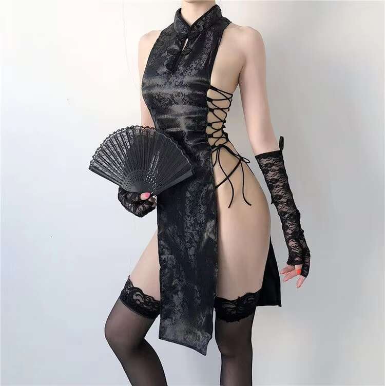 Women Sexy Lingerie High Split Bandage Mini Qipao Cheongsam Uniform Chinese Traditional Party Dress Nightclub Costumes