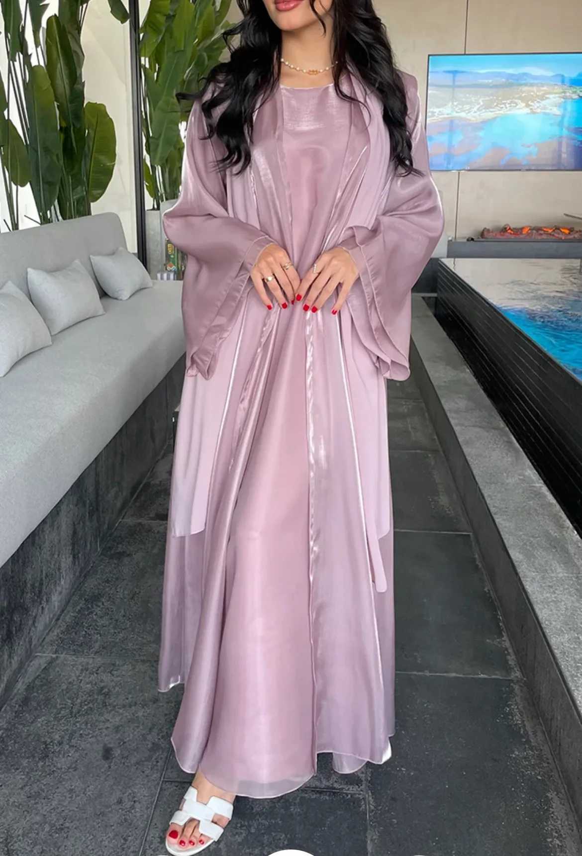 Women Eid Muslim Sets 2 Piece Dress Shiny Satin Dubai Abayas Ka Jalabiya Turkey Kaftan Ramadan Islam Clothing Robe Vestidos X250514