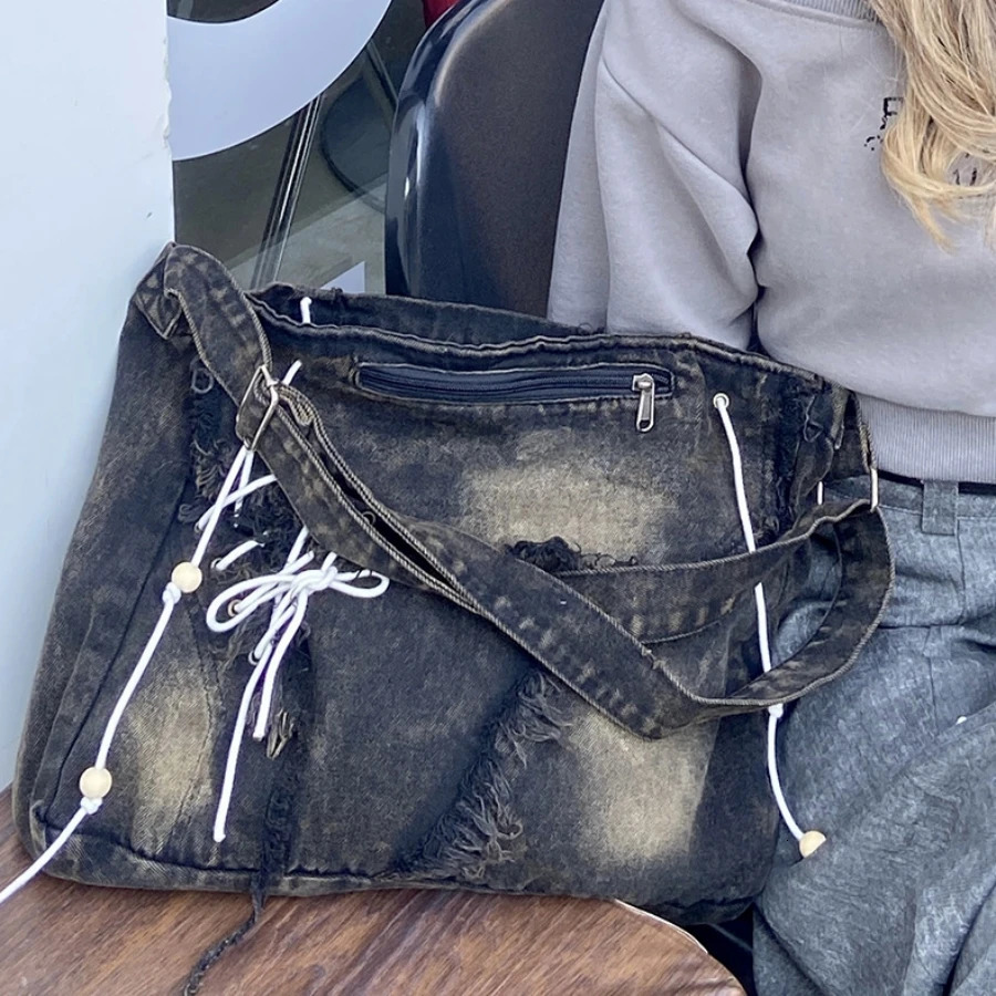 Y2K Korean Harajuku Gothic Hobo Denim Bag Aesthetic Vintage Purses WomenHandbag Crossbody Messenger Tote Peddler Shoulder Bags 250514