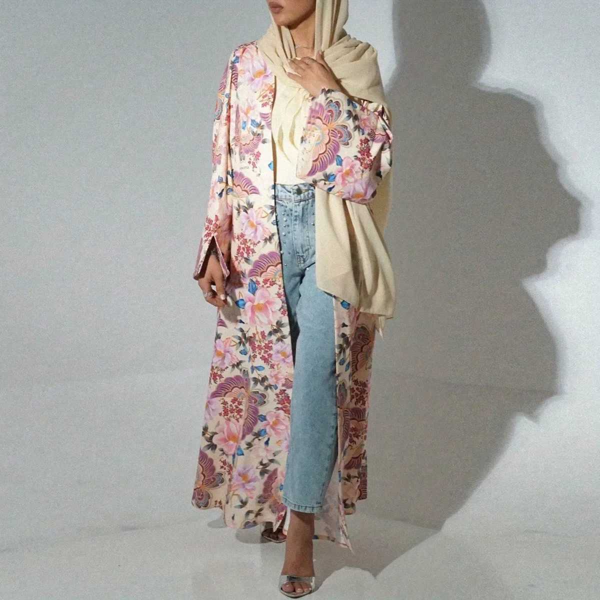Middle Eastern Women Loose Abaya Muslim Full Slve Printed Floral Open Front Abayas Jilbabs Islamic Maxi Dresses Turkey Kaftans X2505141