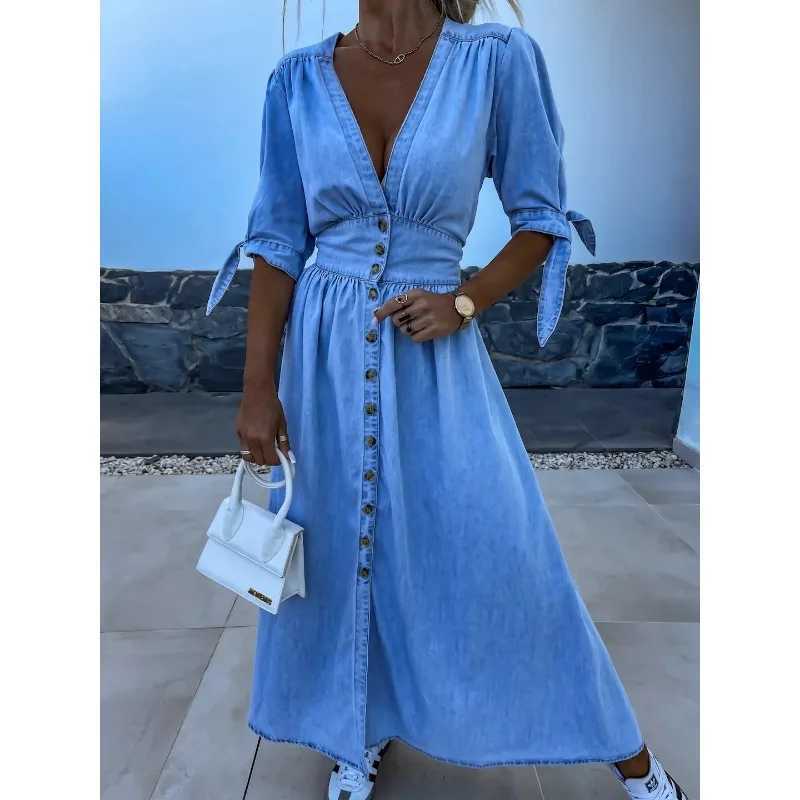 Spring Summer New Womens Clothing Solid Color Fashion Sexy V-neck Long Single-Breasted Denim DressXJ250514