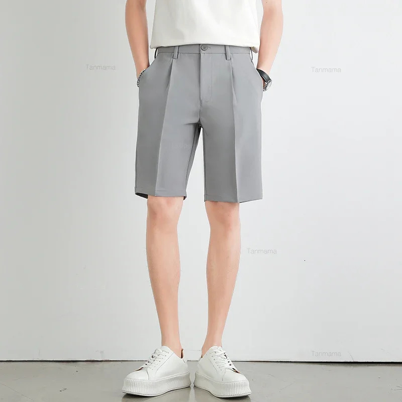 Summer Mens Suit Shorts Solid Color Loose Drape Business Straight British Casual Knee-length Pants Clothing Black Gray 250513
