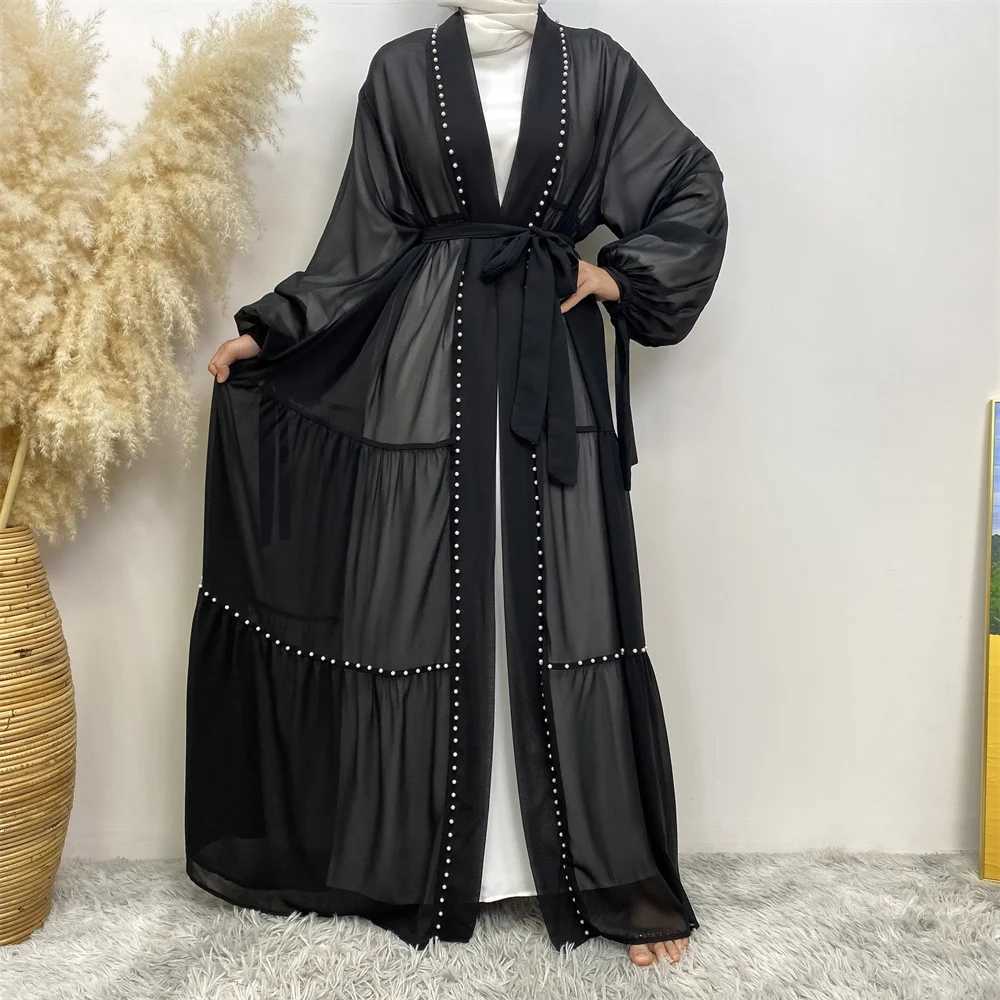 New Modest Abaya Muslim Women Fashion Elegant Net Color Beaded Muslim lace-up chiffon Cardigan Robe Middle East Turkey Arab Rama X250514