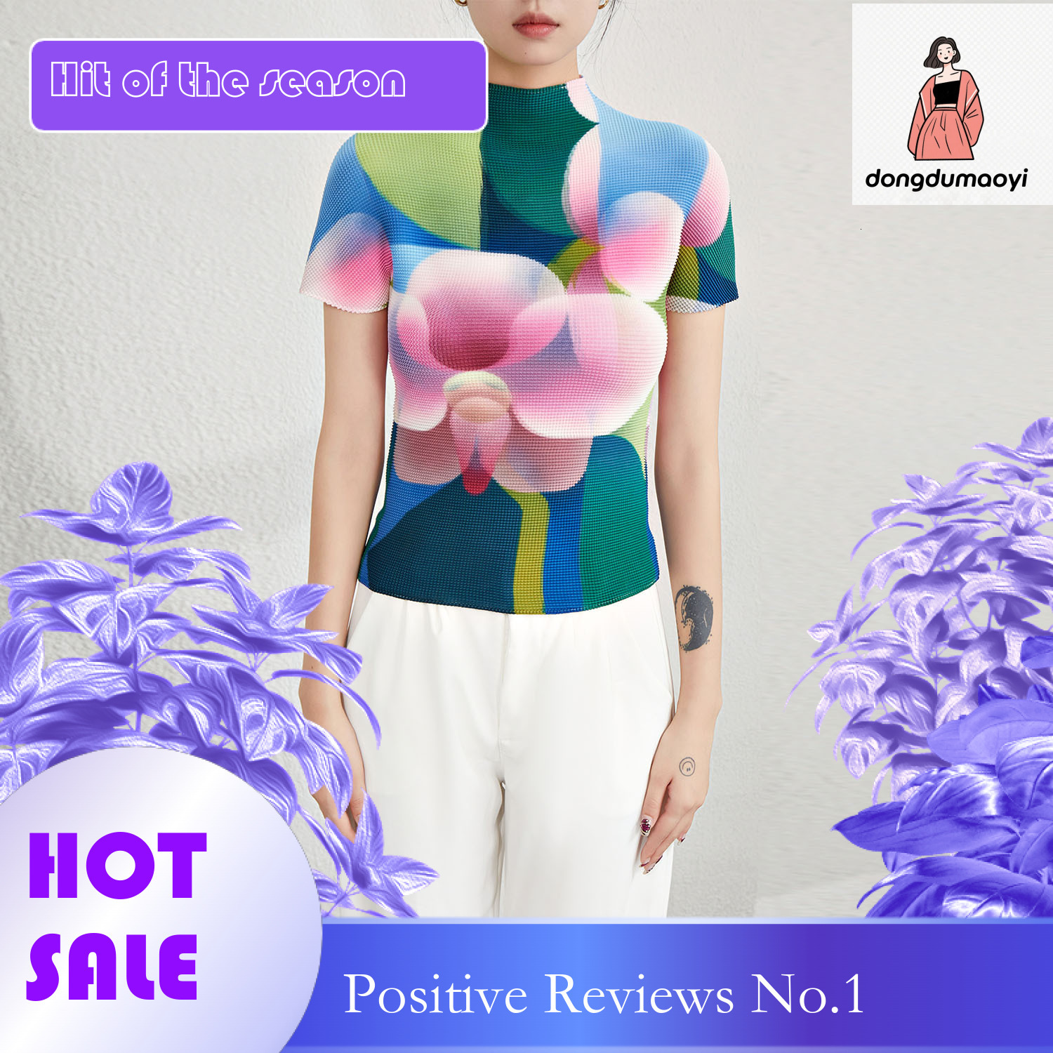 dongdumaoyi High end pleated short sleeved three bedroom top for women in summer, colorful slim elasticity, tight fit, plus size, high neck, light lux