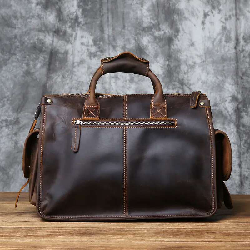 NZPJ Vintage Genuine Leather Men's Briefcase Crazy Horse Handbag Natural Cowhide Travel Casual Shoulder Crossbody Bag