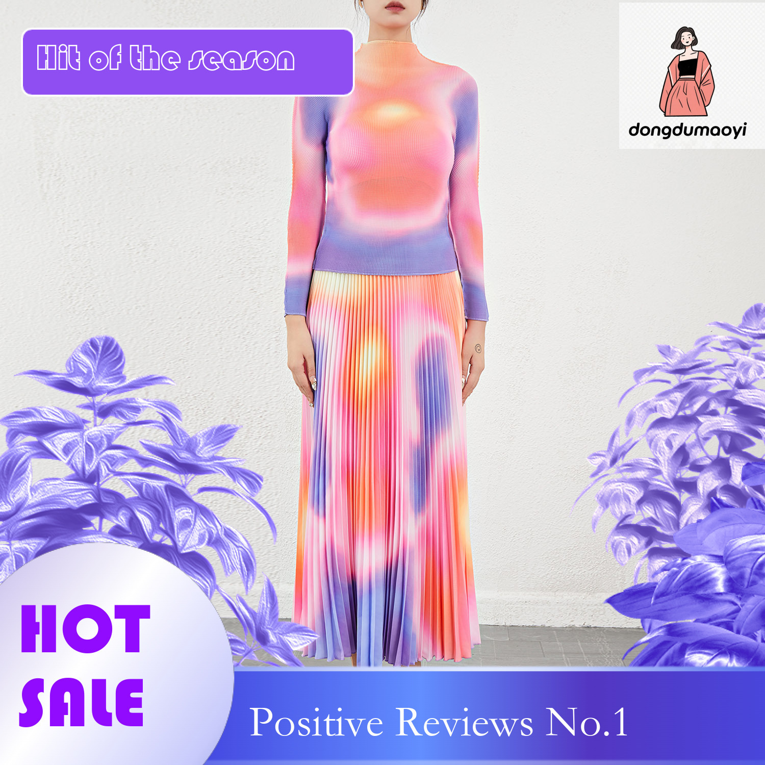 dongdumaoyi Miyake printed semi high neck T-shirt for women's autumn outfit, high-end and fashionable half skirt base two-piece set