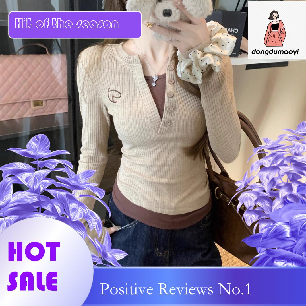 dongdumaoyi American color blocking fake two-piece long sleeved T-shirt base shirt for women's spring new style spicy girl slim fit and slimming 