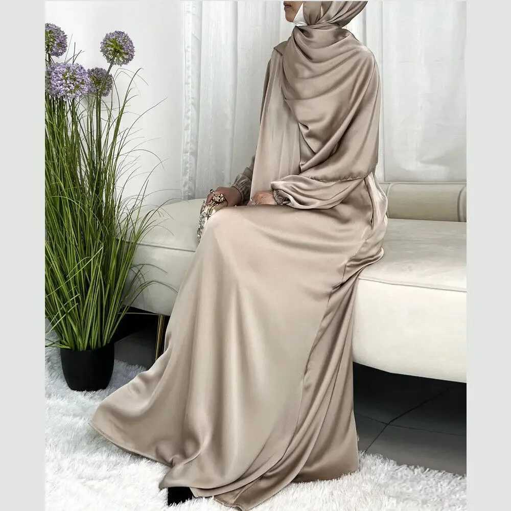 Turkey Modest Abaya Ramadan Muslim Women Satin Long Dress with Hijab Arab Robe Eid Islamic Plain Clothes Dubai Femme Kaftan Maxi X2505141