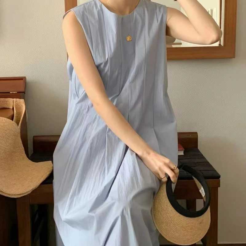 REALEFT Summer Solid O-Neck Pleated Womens Tank Dresses 2024 New Korean Sleeveless Casual Loose A-Line Dresses Pockets FemaleXJ250514