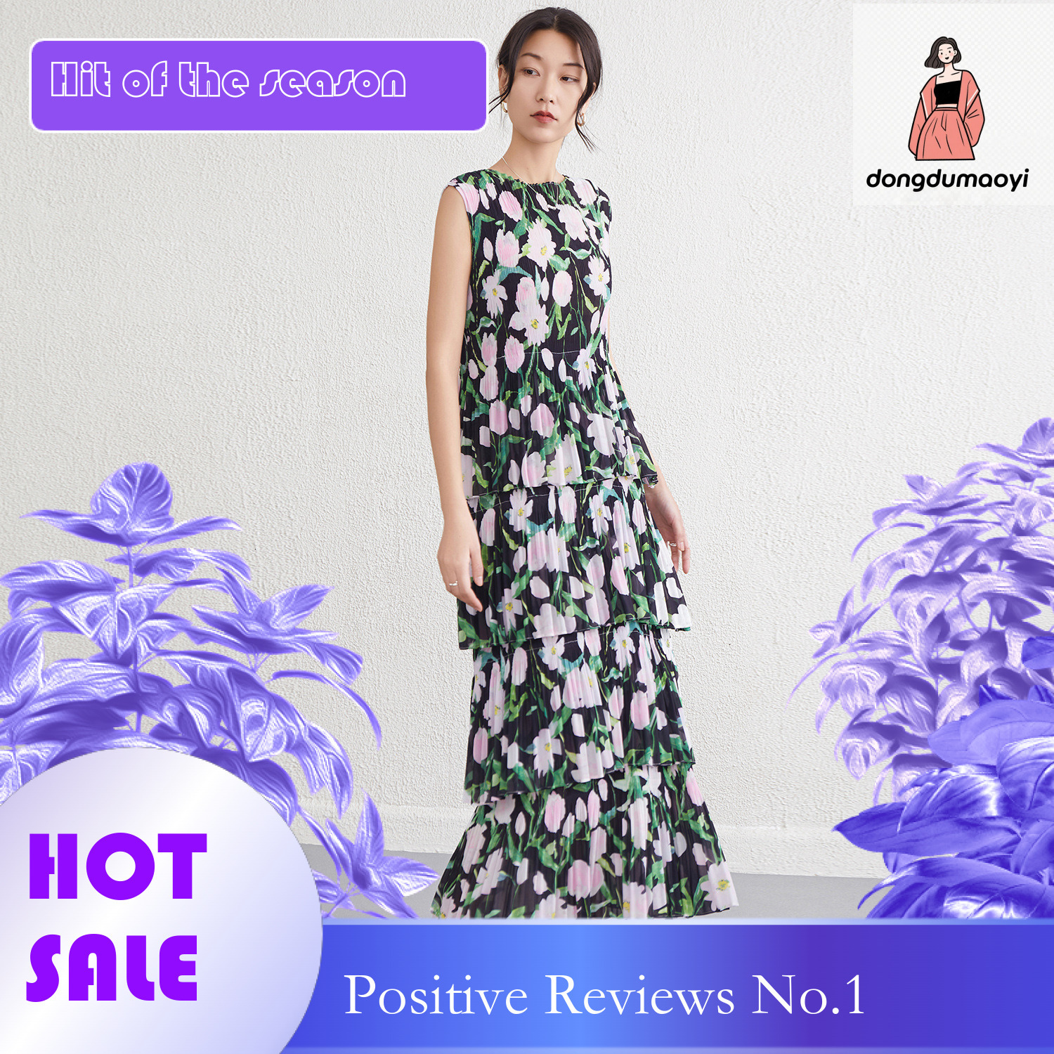 dongdumaoyi Fashionable French printed Camellia Monogatari exudes a slimming and floral long sleeveless dress high end women s clothing