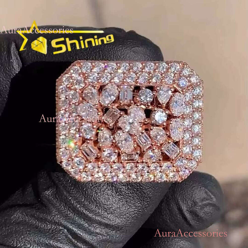 Hip Hop Sterling Sier Rose Gold Plated Iced Out Fancy Cut Buss Down Thick VVS Moissanite Dia Ring Men