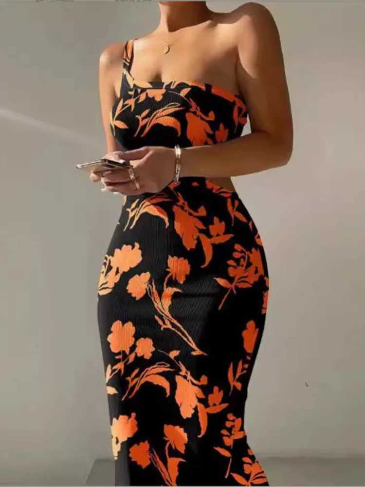 Print One Shoulder Spaghetti Strap Dresses Women Sexy Hollow Out Backless Package Hip Bodycon Dress Fashion Trendy Lady DressesXJ250514