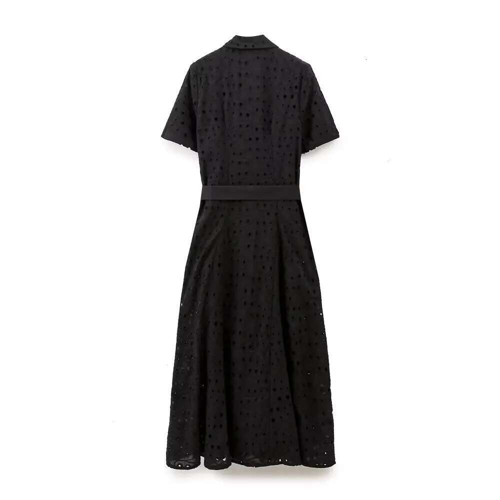 ZBZA Women's Embroidered Hollow Dress Lapel Short Sleeves Tie A-line Midi Spring Summer New Slim Casual Chic Long Skirt