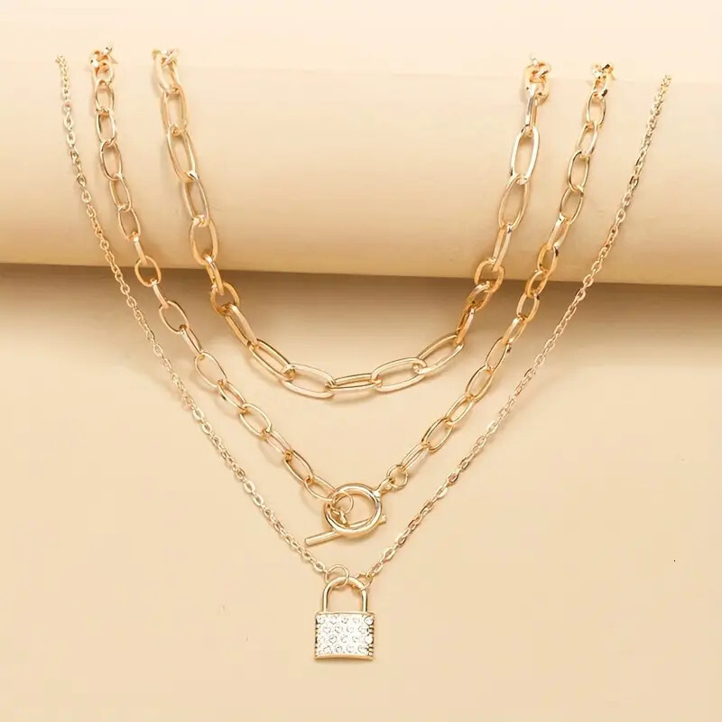 Personalized jewelry with studded lock shaped pendant, multi-layer necklace, women's chain, collarbone chain item