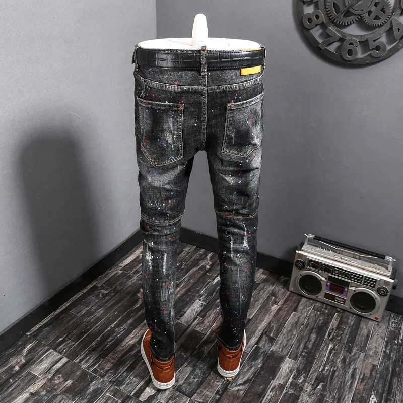 Strt Fashion Men Jeans Retro Black Gray Stretch Skinny Ripped Jeans Men Painted Designer Spliced Hip Hop Denim Pencil Pants X250514