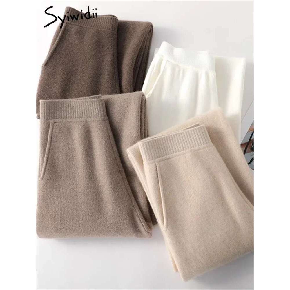 Syiwidii Knitted Women Pants Fall Winter 2023 Korean Fashion High Waist Wool Wide Leg Sweatpants Casual Straight Loose Trousers