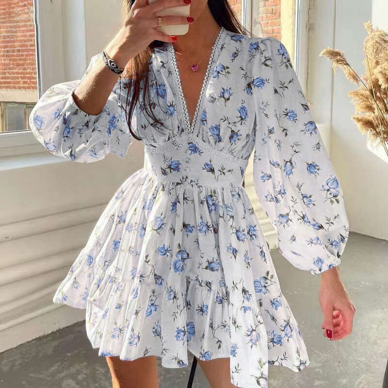 Dresses for Woman Party Womens Designer Clothing Black Dress 2025 Womens Clothing Temperament Sweet Floral High Waist Slim Fit V-neck Short Long Sleev