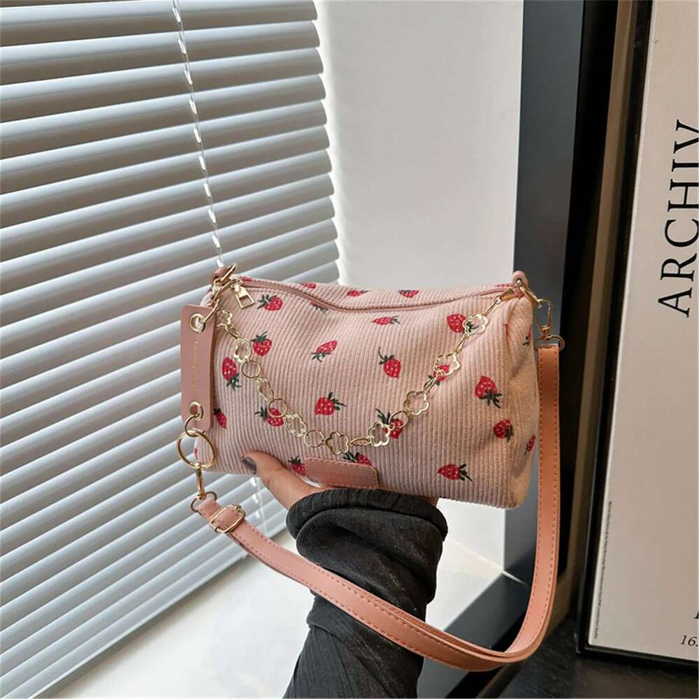 Mini Strawberry Printed Crossbody Bags Corduroy Fashion Underarm Handbags Female Student Large Capacity Travel Shoulder Bag