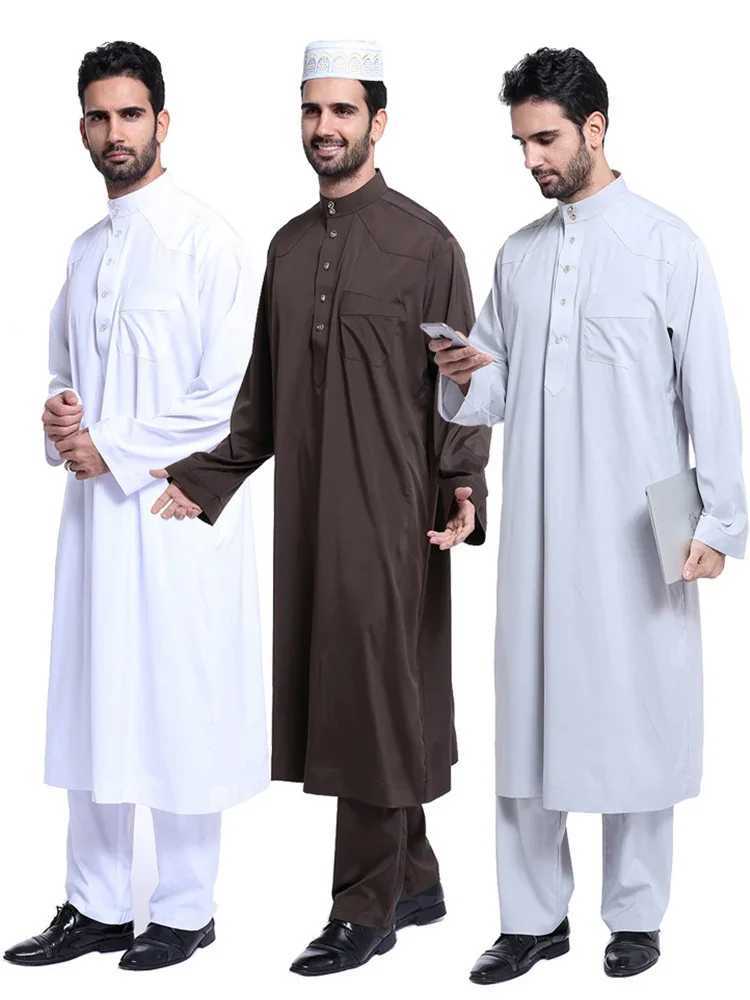 Dubai Arab Islam Muslim Men Jubba Thobe Clothing Sets Long Robe 2 Piece Set Tops and Pants Saudi Musulman Ensembles Wear Sets X250514