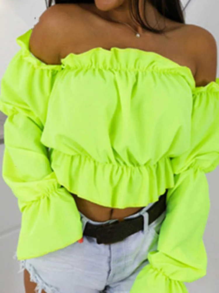 Candy Color Off Shoulder Crop Tops women Summer dot print lantern sleeve shirts Lady Sexy Slash neck beach blouse 250514
