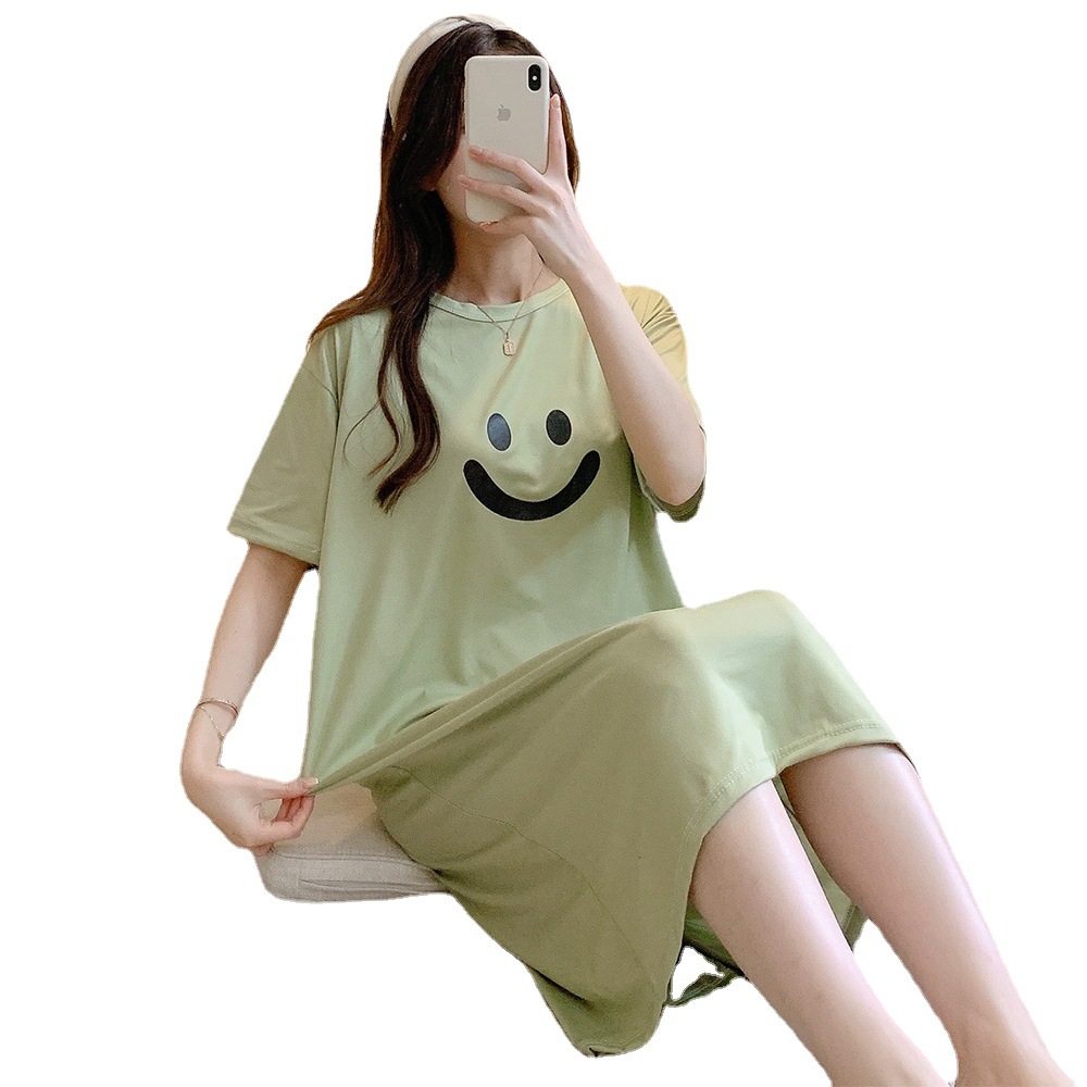 XX2255 Women's summer short-sleeved long popular cartoon cute simple smiley face can be worn outside large size pajamas