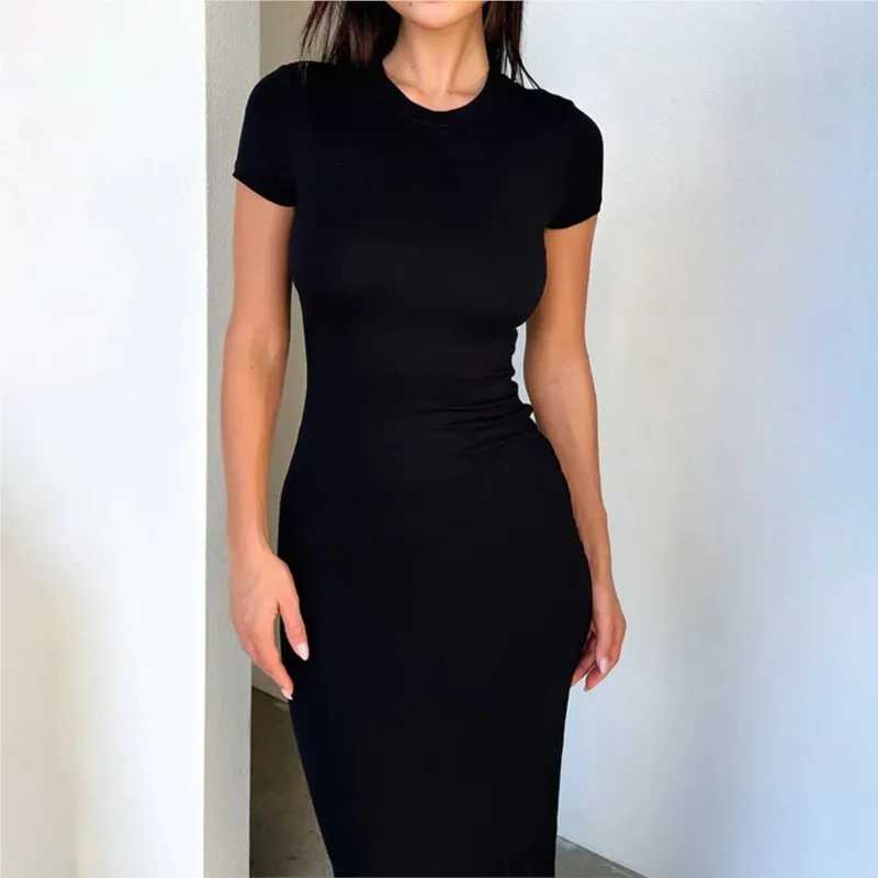2024 Womens Temperament Slim Short Sleeve Dress Solid Color Casual Pullover Summer Long Dress Tight Sexy Daily DressXJ250514