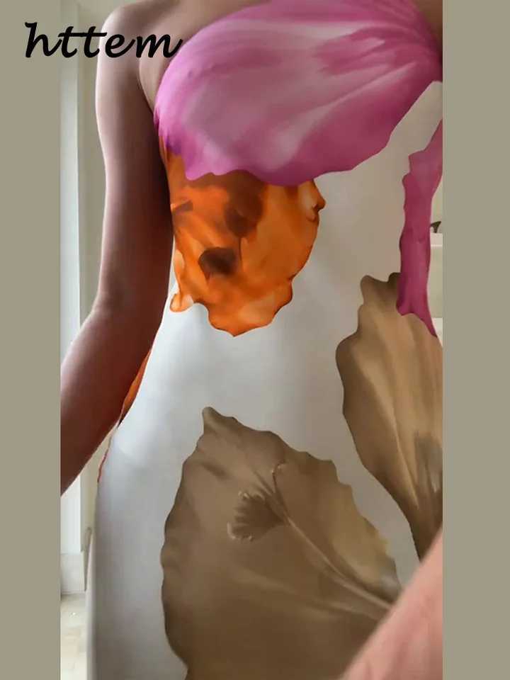 Elegant Print Single Shoulder Long Dress Women Ruffles Backless Sleeveless Split Vacation Dresses 2025 Summer Lady Beach RobesXJ250514