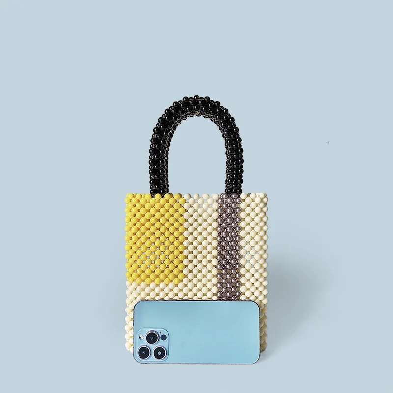 New Color Blocked Handbag Handmade Bead Woven Finished Product Simple And Niche Retro Hand-Held Small Square Bag
