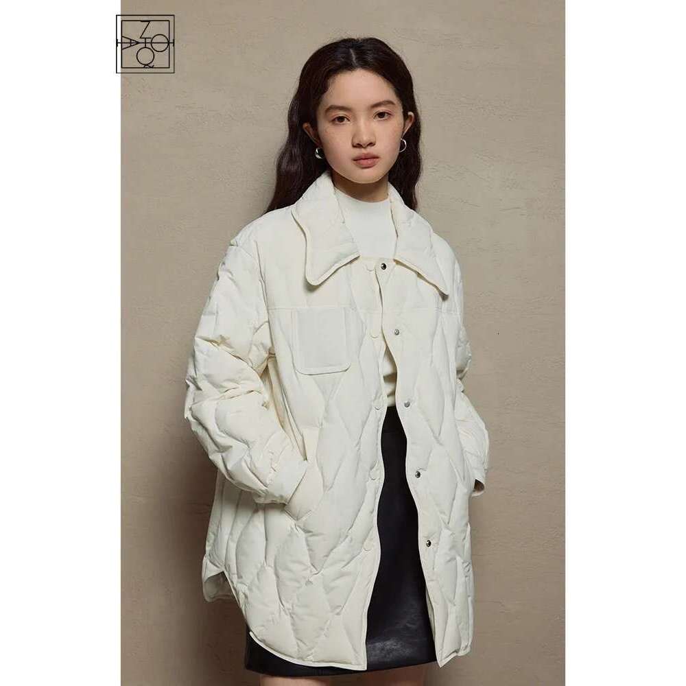 ZIQIAO Simple Loose Shirt-style Solid Color Jacket for Women Winter New Warm Design White Duck Down Coats Female