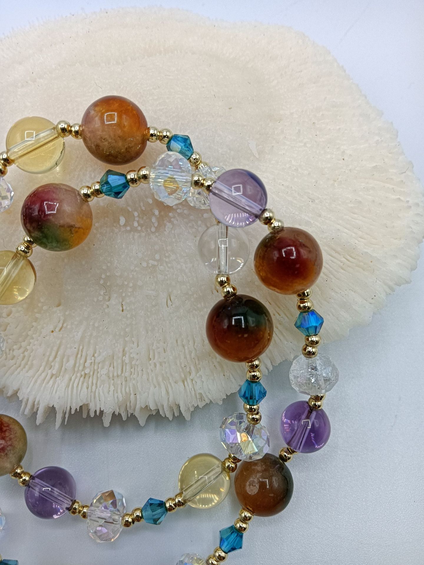 Purple Stone Fox Pendant with Double Loop Pearl and Bead Bracelet