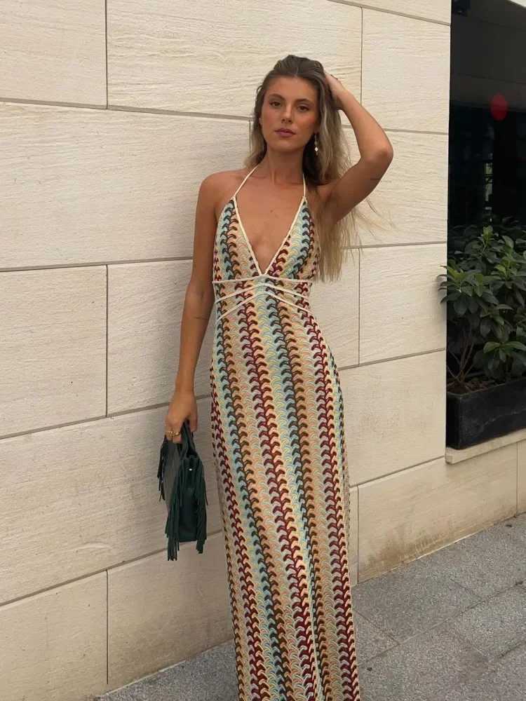 Sexy Printed Colorful Deep V-neck Crochet Maxi Dress Women Chic Sleeveless Backless Sling Slim Dress 2025 Lady Vacation RobesXJ250514