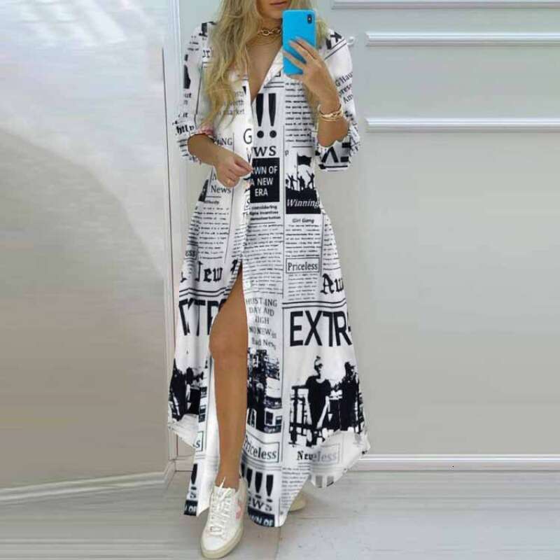 Women Clothes Dress Spring Women S Style Printed Single Breasted Split Shirt Long Dress KQ
