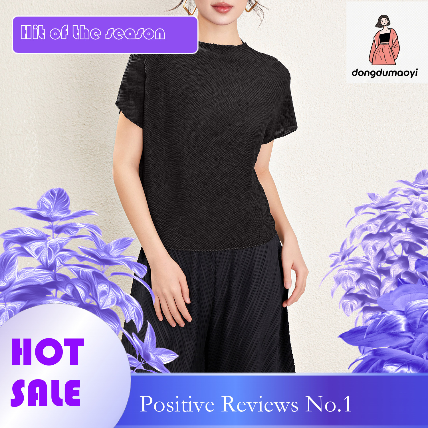 dongdumaoyi Miyake short sleeved top spring/summer 2024, with niche design a round neck, loose fit, slimming and pleated t-shirt for women