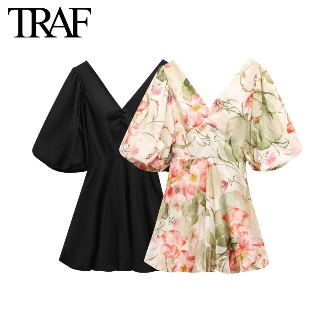TRAF Dress for Women Fashion Summer Printing Bow Short Sleeved Vneck Mini Dresses French Chic Female Evening Clothing 250514