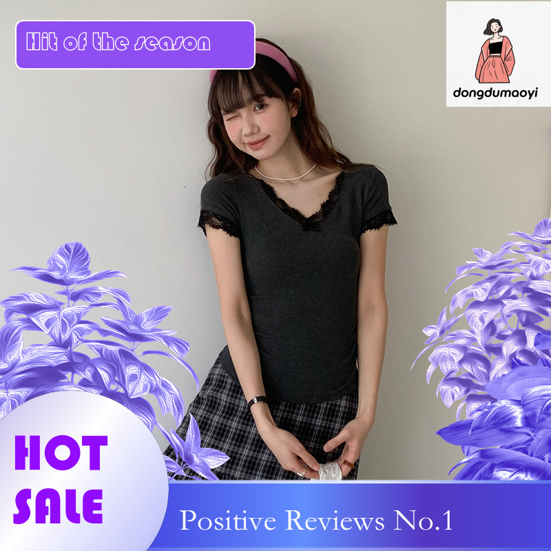 dongdumaoyi Lace patchwork sleeved T-shirt for women in summer 2025, new V-neck bow design, niche tight fitting short top