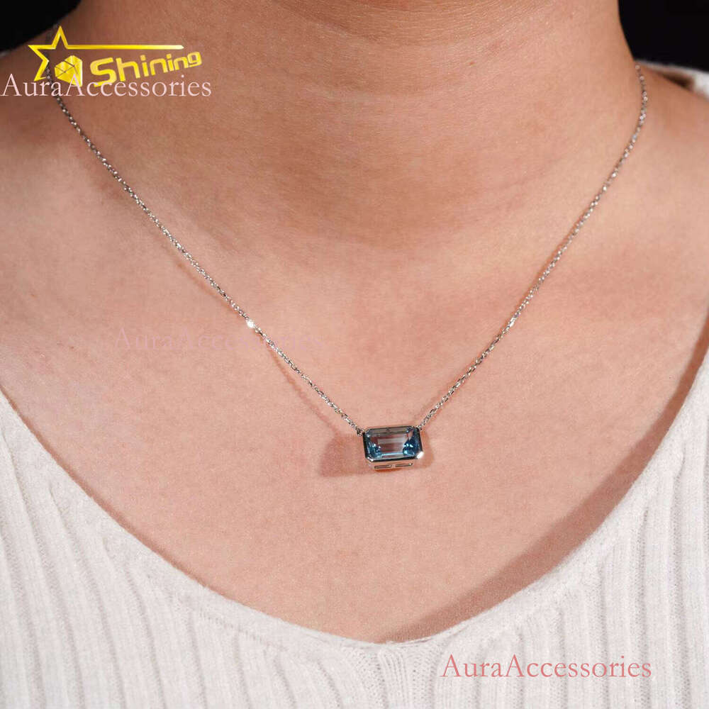 New Design Real Fine Jewelry Emerald Cut Lab Sapphire Custom Ladies Gold Pendant Necklace