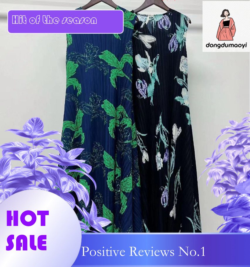 dongdumaoyi Miyake pleated plus size loose dress summer floral print waist cinching slimming A line skirt