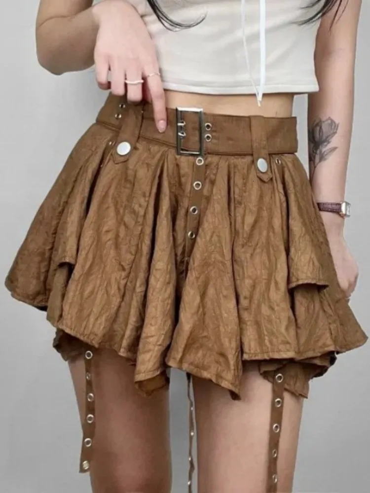 Womens Crumpled Layer Mini Skirt with Belt Strap Elastic Back Asymmetrical Short Grunge eGirl Y2K Acubi Outfit 250514