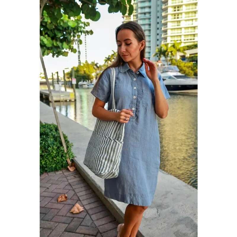 Summer You Are A Women's Oversized Loose Cotton with Button Up Collar Shirt Pocket Solid Color Casual Dress plus size