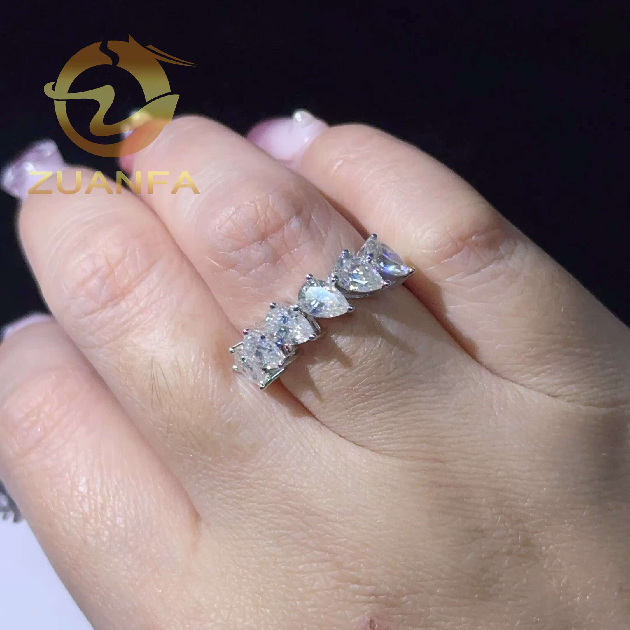 Iced Out Jewelry Pear Cut Half Eternity Ring for Women 18k White Gold Plated Moissanite Rings 925 Silver Women Pear Ring
