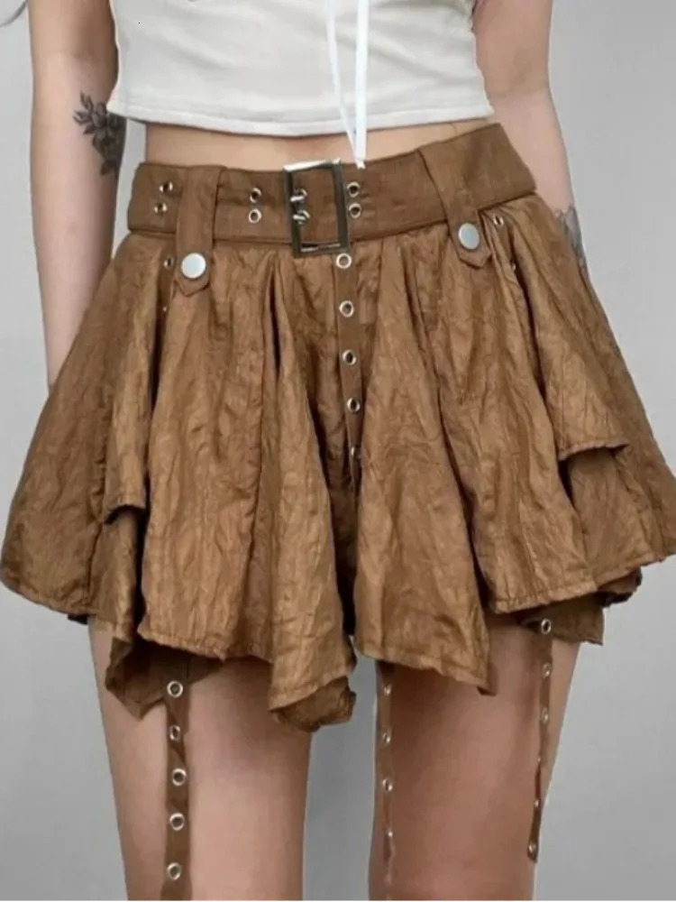 Womens Crumpled Layer Mini Skirt with Belt Strap Elastic Back Asymmetrical Short Grunge eGirl Y2K Acubi Outfit 250514