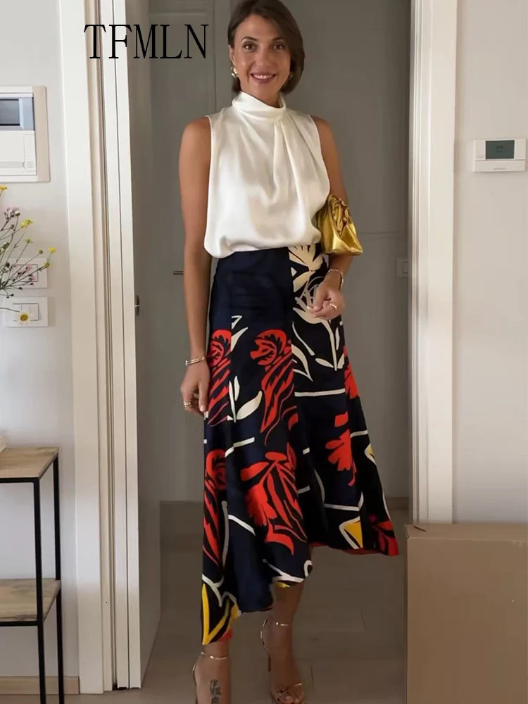 TFMLN Vintage Asymmetric Floral Casual ALine Woman Midi Skirt Fashion Summer Print Elegant Chic Random Cutting Long Skirts 250514