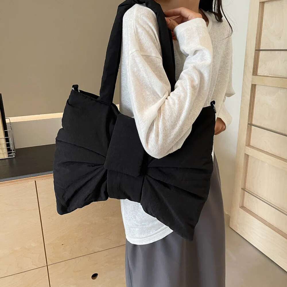 Nylon Puffer Shoulder Women Bowknot Tote Adjustable Strap Female Puffy Handbags Purse Causal Crossbody Messenger Bag