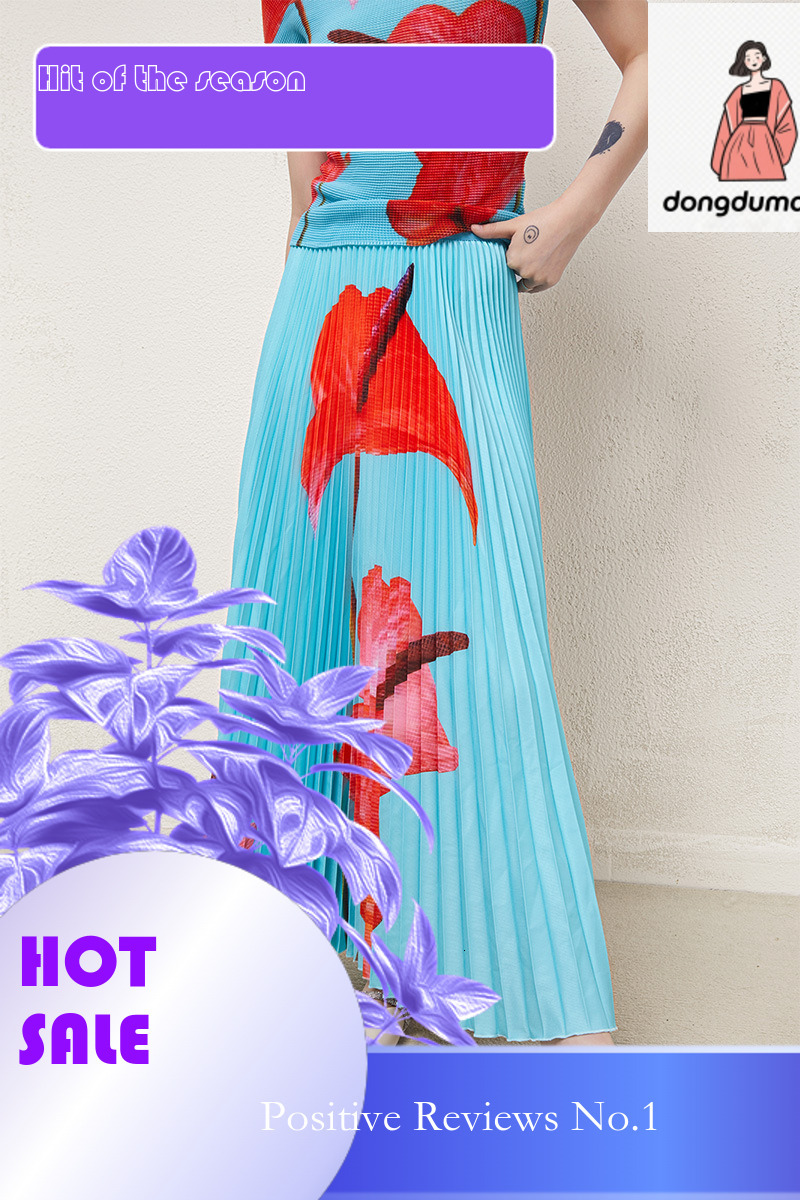 dongdumaoyi Miyake skirt design, niche texture, t-shirt, plant flower mid length skirt, two-piece set, women's clothing