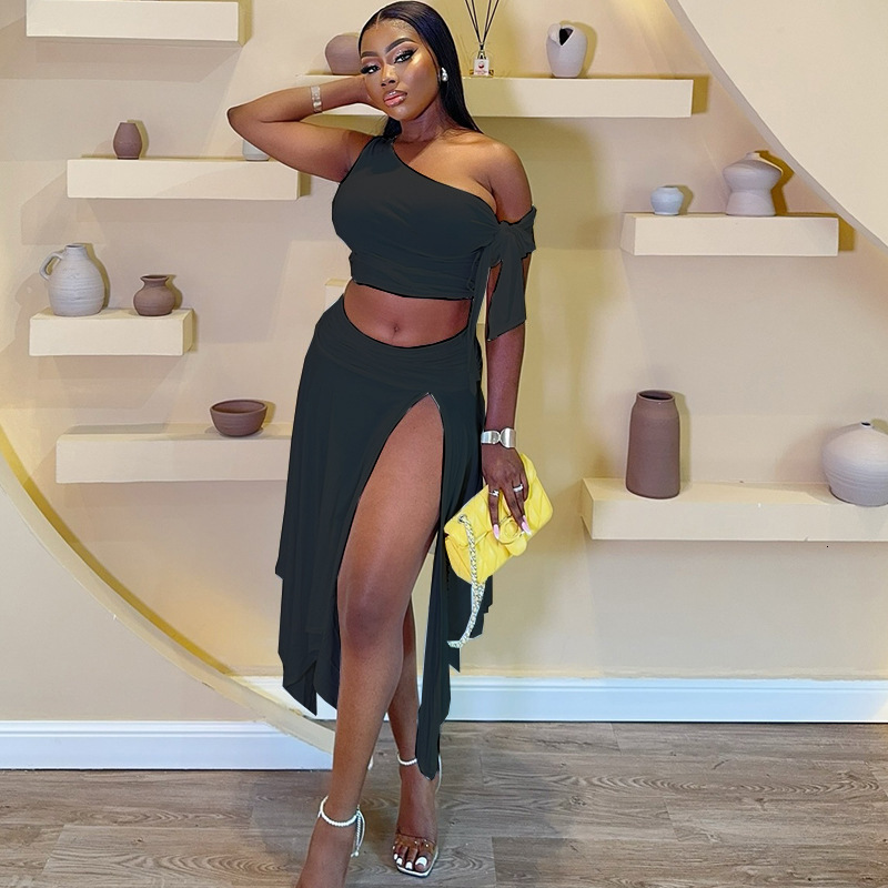 Wind ins womens skirt set sexy sleeveless single shoulder top with ribbon half body split skirt two-piece set suits