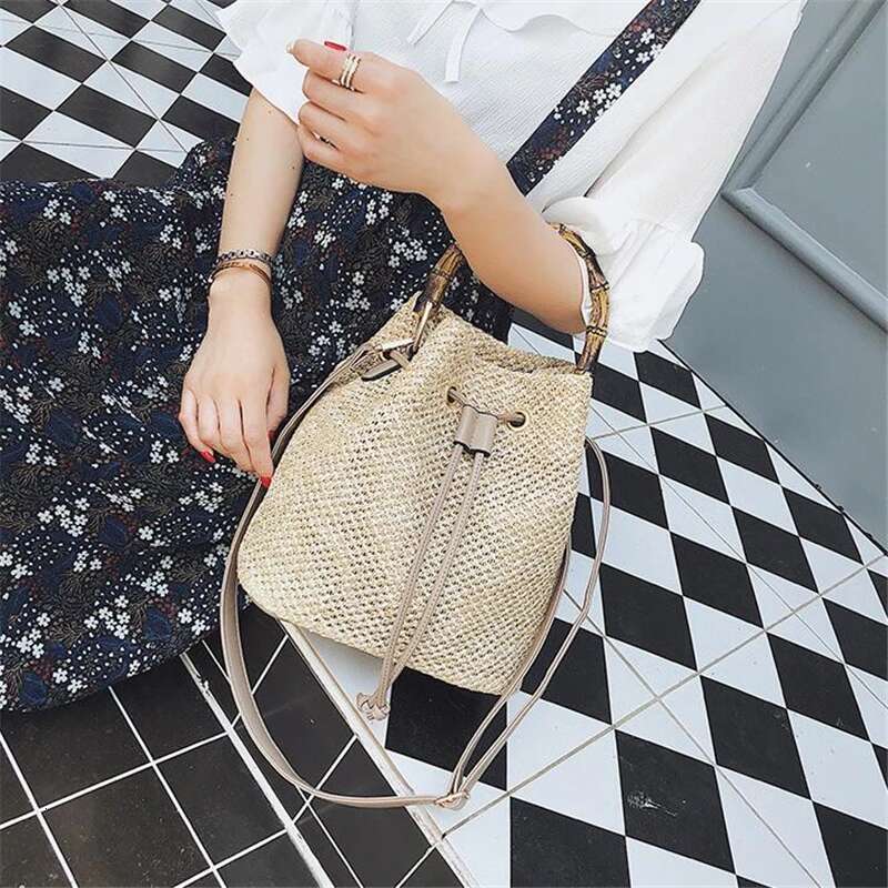 Summer Straw Handbag Women Rattan Handmade Bucket Large Capacity Shoulder Woven Messenger Hard Top-Hanlde Beach Bag
