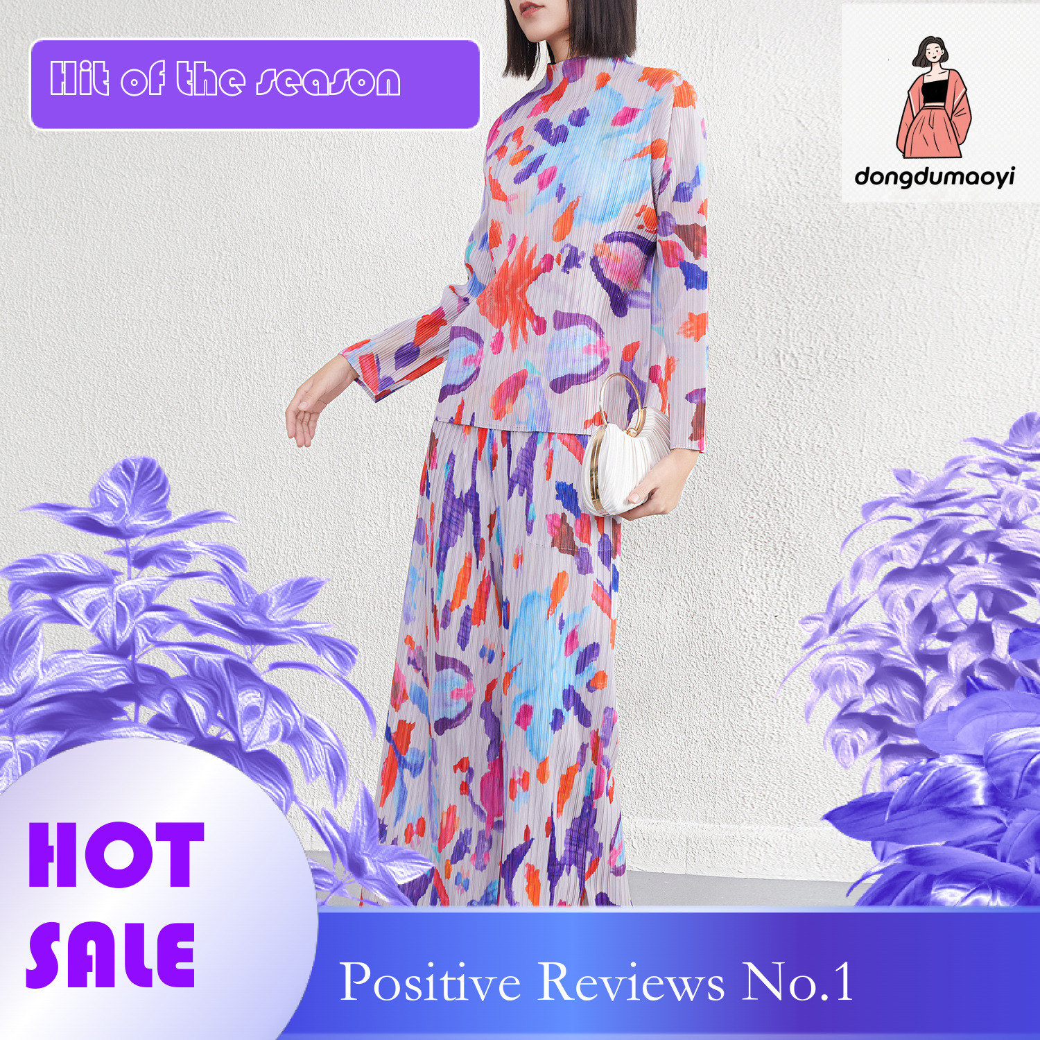 dongdumaoyi San Zhai Graffiti Half High Collar T-shirt Bottom Shirt Spring and Autumn New Product Casual Fashion Western Versatile Top Pants Set