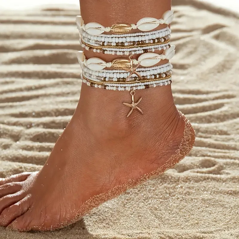 7/14pcs Bohemian Beaded Anklet Set for Women Summer Starfish Shell Charms Multi-Layer Beach Foot Bracelets Daily Wear Jewelry 250513