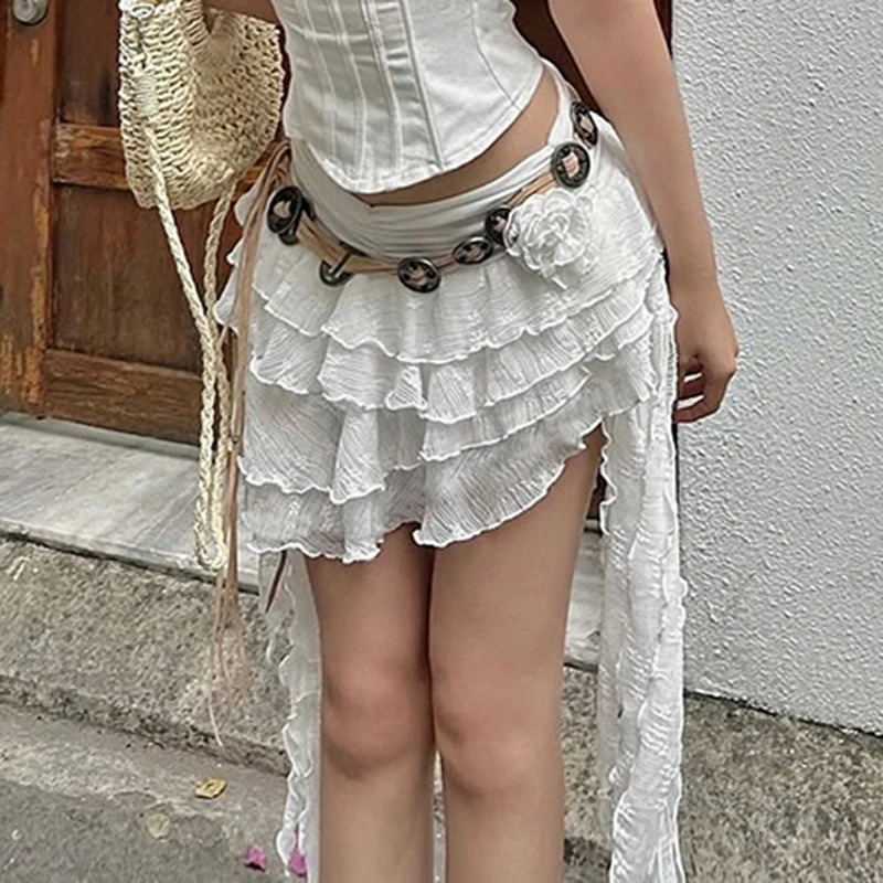Flower Womens Ruffle Irregular Lace Skirt Elegant High Waist Tiered Layer Ribbon Mini Summer Bottoms Y2k Downtown Girl 250514