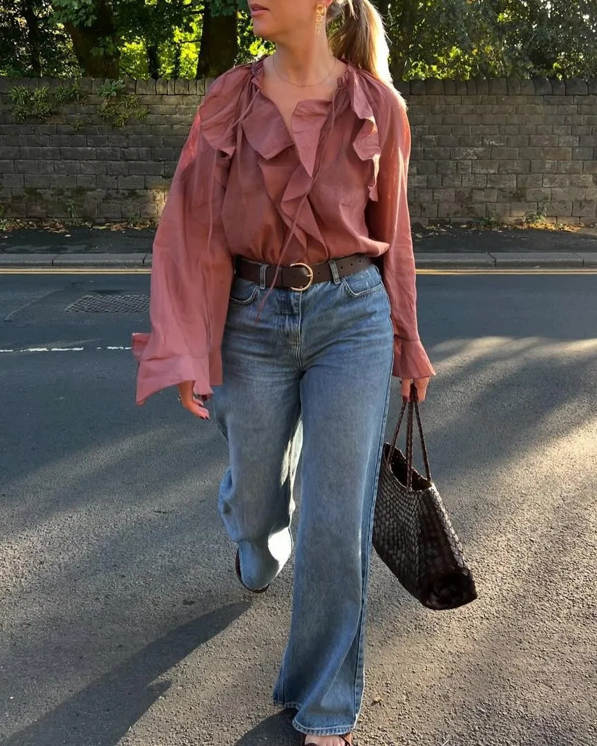 Wine Red Lace Up Ruffles Chiffon Blouse Women Fashion See Through V Neck Casual Long Sleeve Shirts Lady Spring Blouses Tops 250514